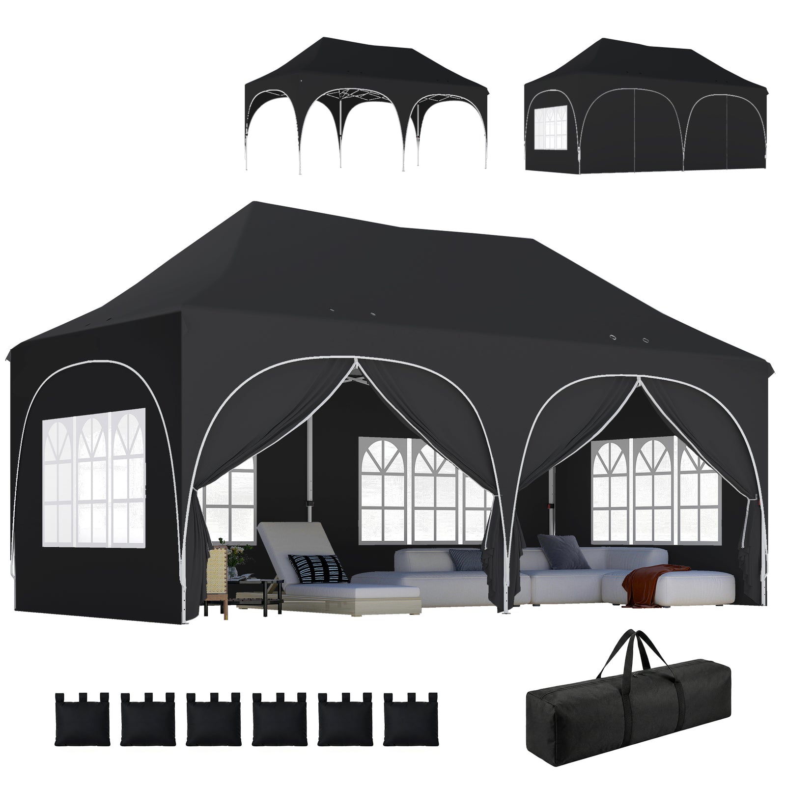 3 X 6m Pop Up Gazebo With Sides, Peak Top Garden Party Tent Marquee | Black