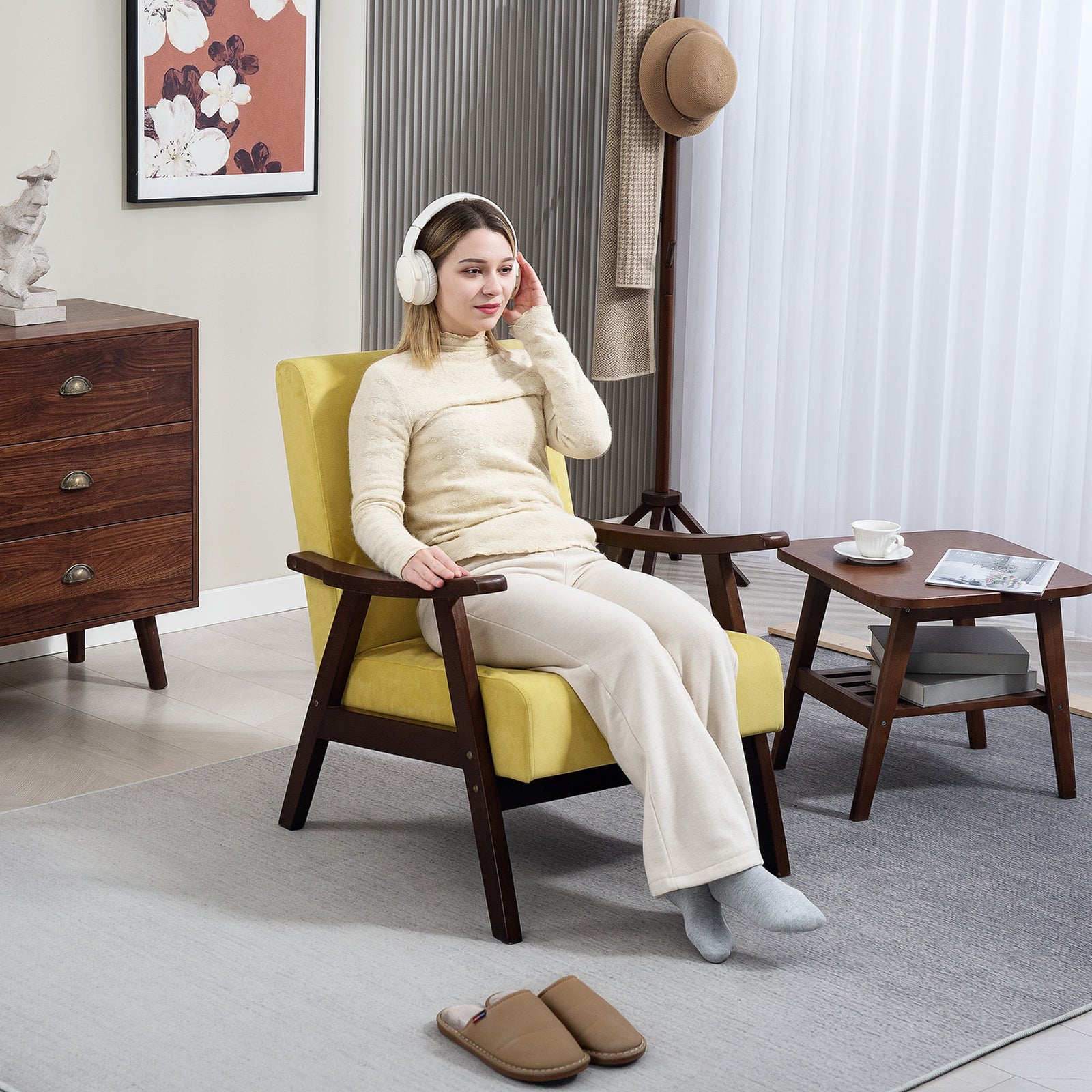 Velvet Armchair With Solid Wood Frame And Thick Padded | One Size | Yellow