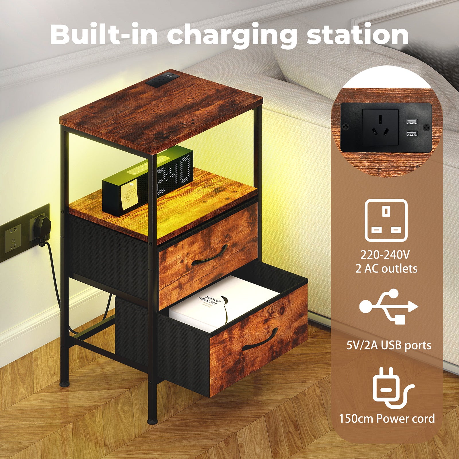 Led Bedside Table 2 Drawers Usb Ports Sofa End Table In Brown Black | Brown