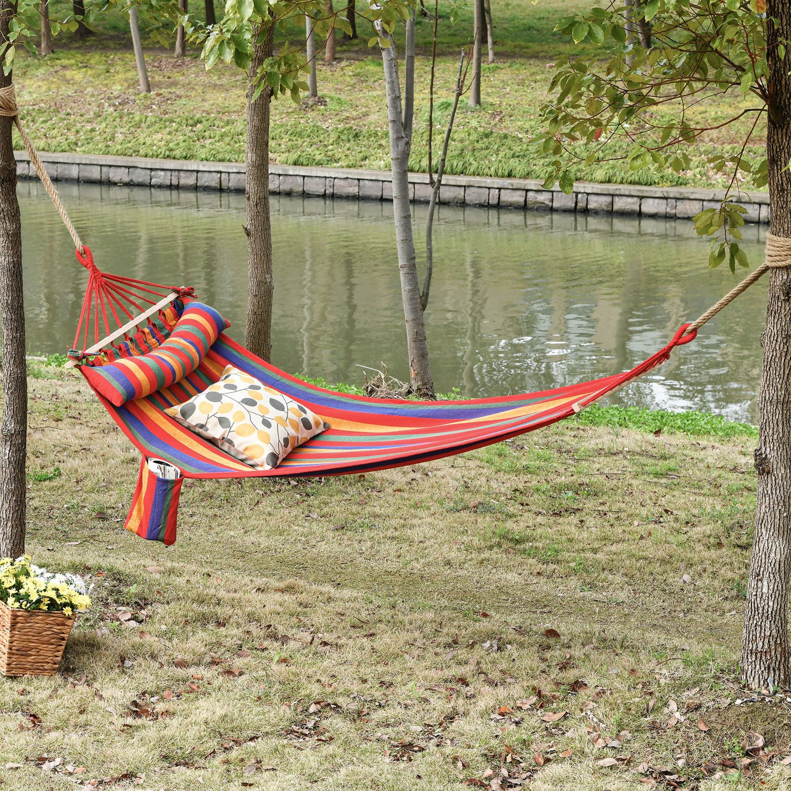 Cotton Hammock W/ Headrest & Side Pocket Deluxe Swing Chair