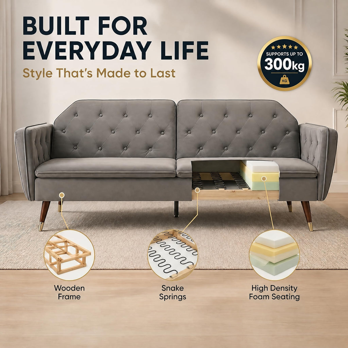 Victoria Velvet Sofa Bed 3 Seater | Light Grey