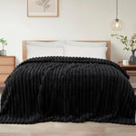Ribbed Jacquard Fleece Blanket Throw Soft Warm Bed & Sofa Cover | 200cm x 240cm | Black