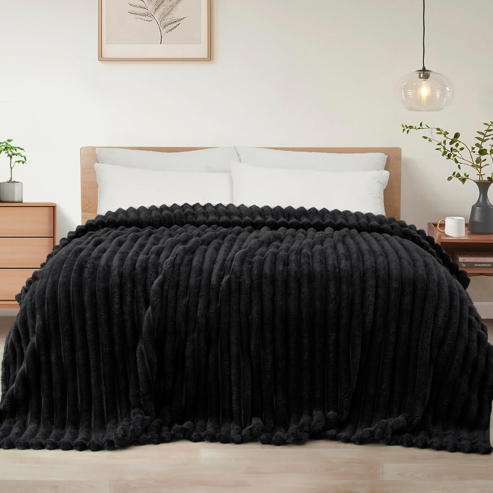 Ribbed Jacquard Fleece Blanket Throw Soft Warm Bed & Sofa Cover | 200cm x 240cm | Black