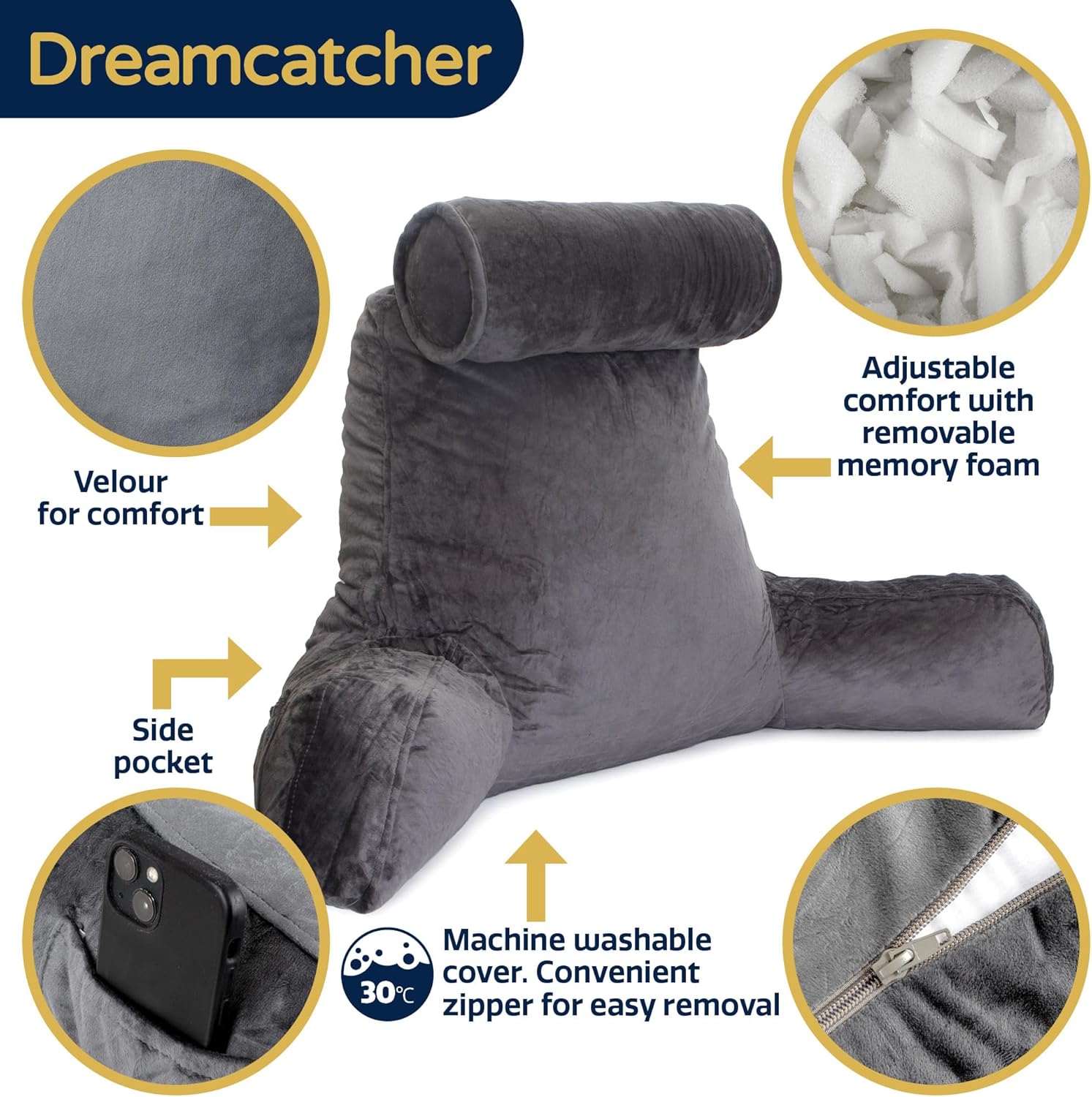 Deluxe Reading Pillow Detachable Headrest, Shredded Memory Foam Cuddle Cuddle Cushion Backrest Arm Support | XL | Grey