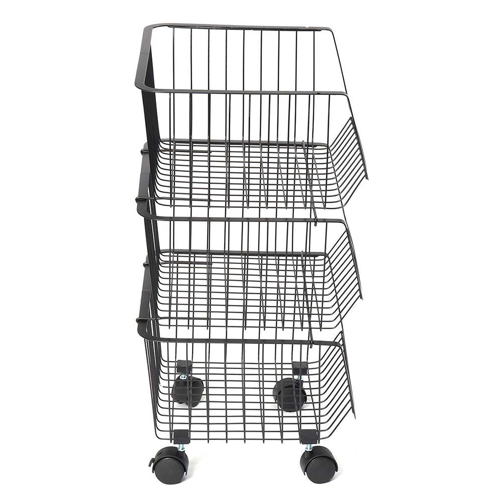 3/4/5 Tier Stackable Rolling Metal Wire Basket Trolley Rack Fruit Vegetable Storage Holder For Kitchen | Small | Black