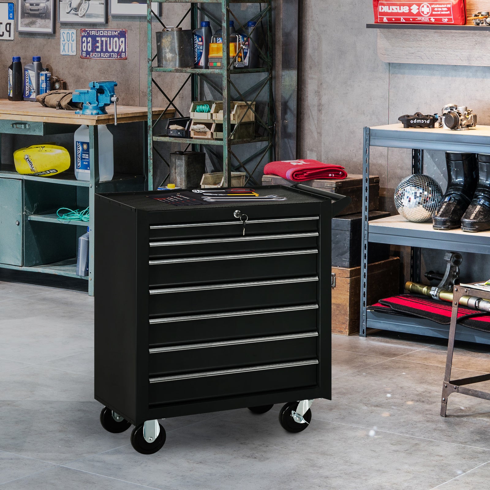 Roller Tool Cabinet, 7 Drawers, Garage | Black