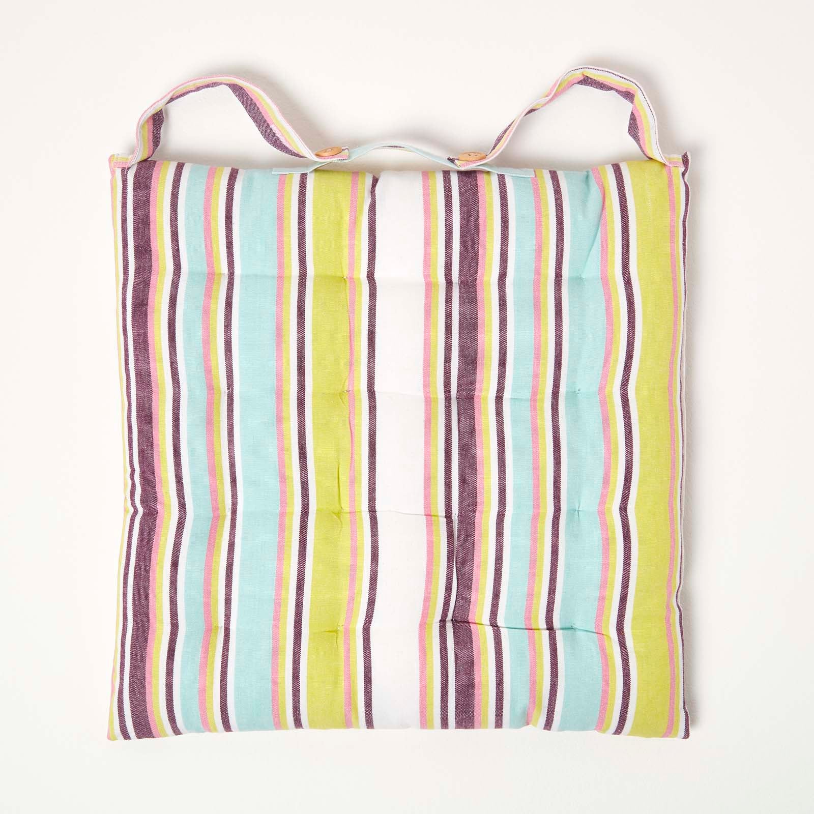Striped Seat Pad With Button Straps 100% Cotton, 40 X 40 Cm | Set-of-4 | Osaka Green