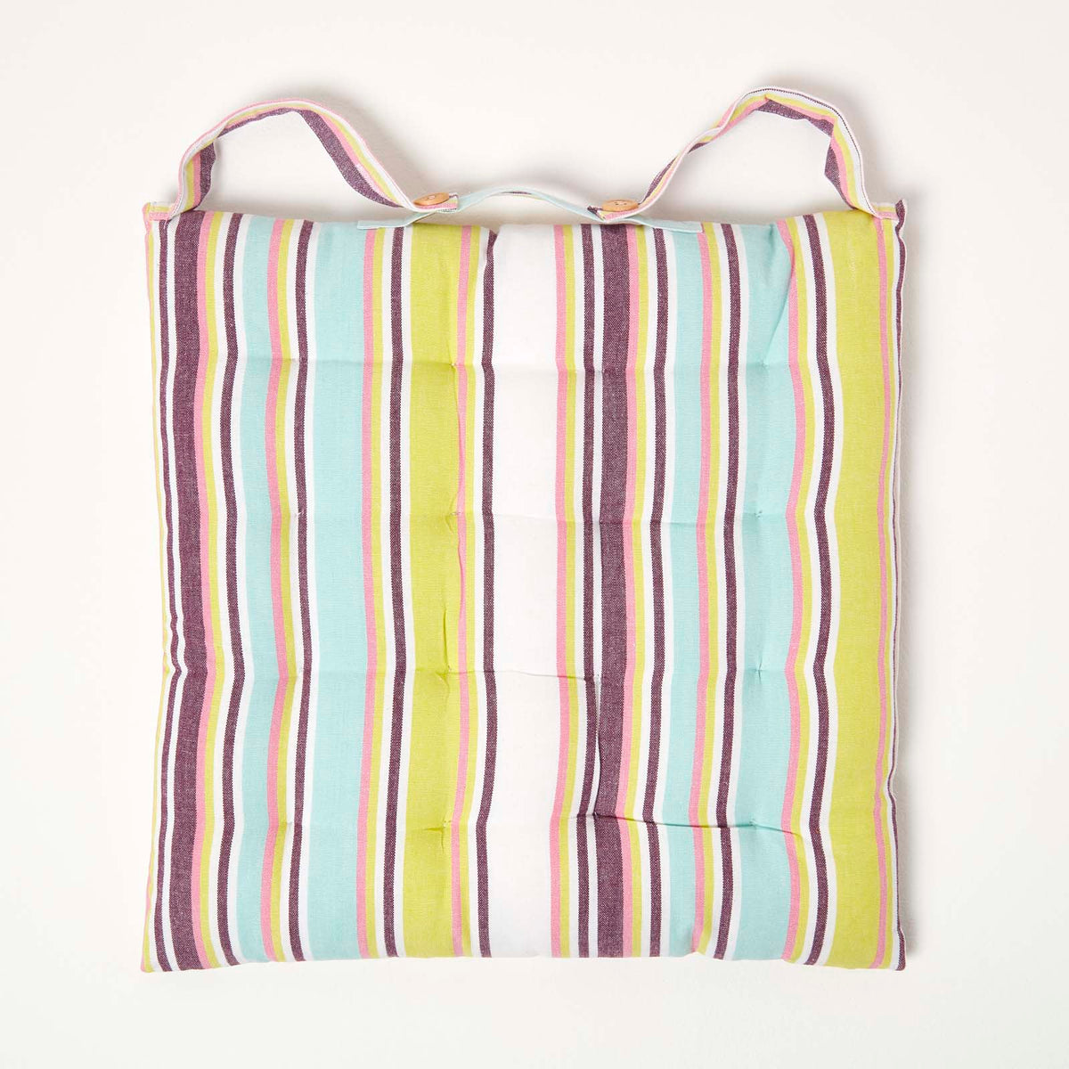 Striped Seat Pad With Button Straps 100% Cotton, 40 X 40 Cm | Set of 1 | Osaka Green