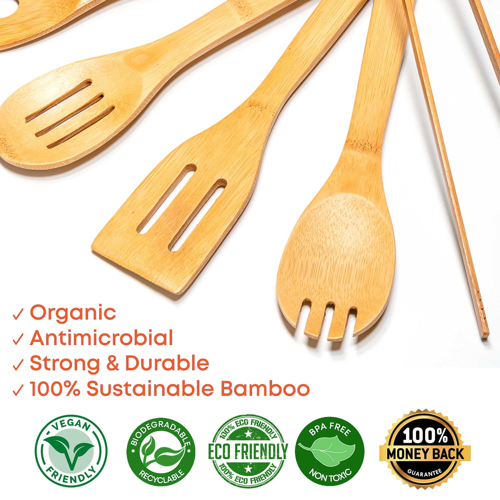 BlauKe Wooden Kitchen Utensils Set Of 7 - Bamboo Cooking Utensils For Non-stick Cookware - Wooden Spatulas, Wooden Spoons, Tongs