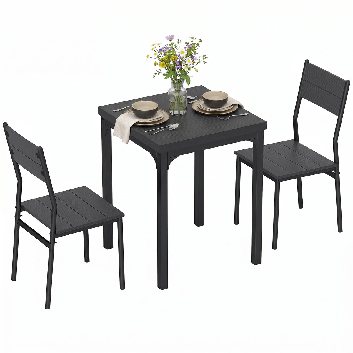 3 Pcs Compact Dining Table 2 Chairs Set | Black