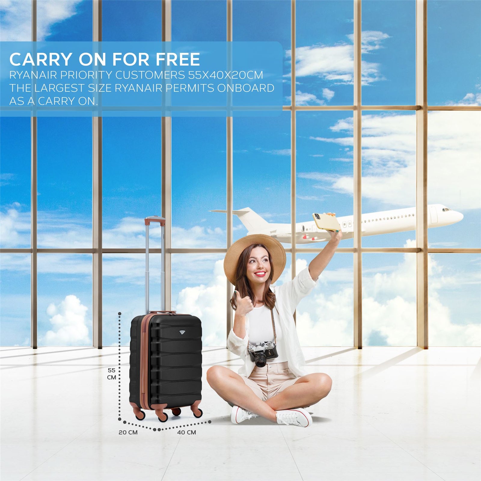 55x40x20cm Lightweight Luggage Hard Shell Cabin Suitcase 60+ Airlines Approved - Carry On Case - 4 Wheels | 55 x 40 x 20cm | Black & Brown