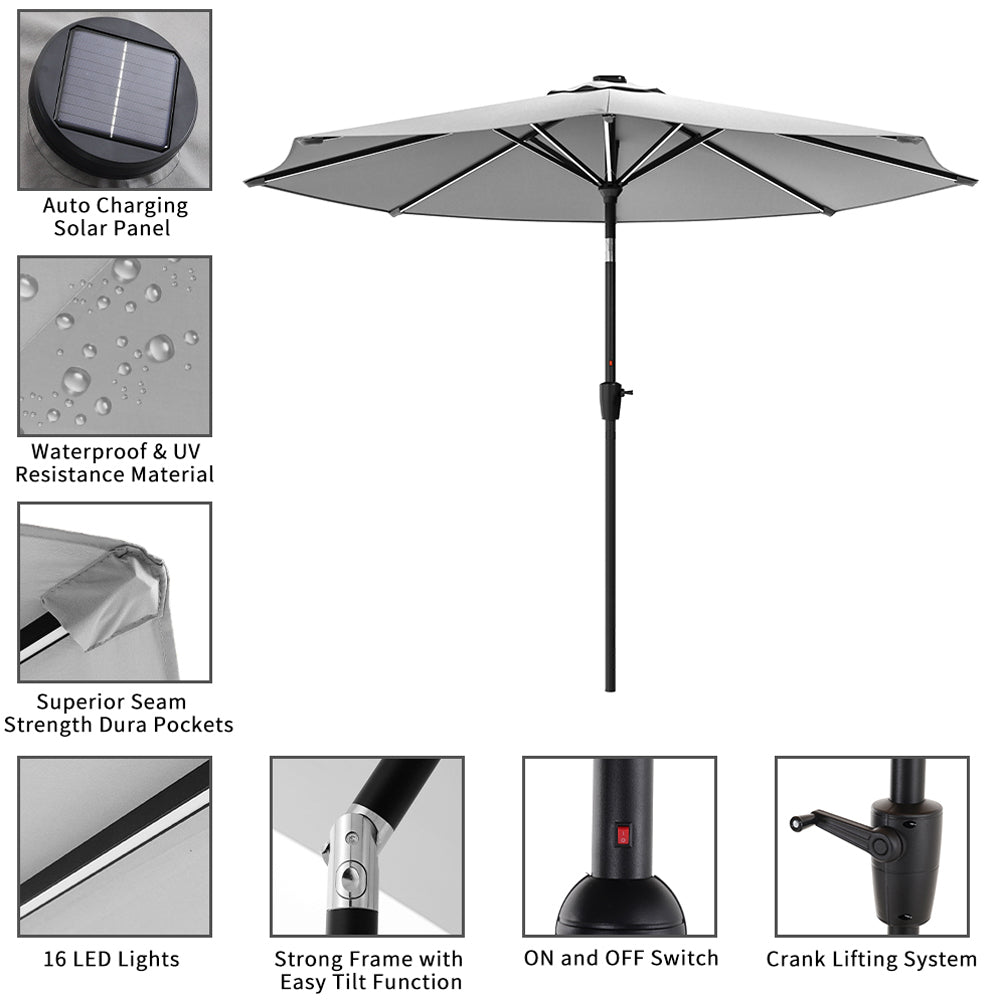 3m Solar Led Patio Umbrella, Outdoor Parasol With 16 Led Tubes, Crank Lift & Push Button Tilt With Fillable Base | One Size | Light Grey
