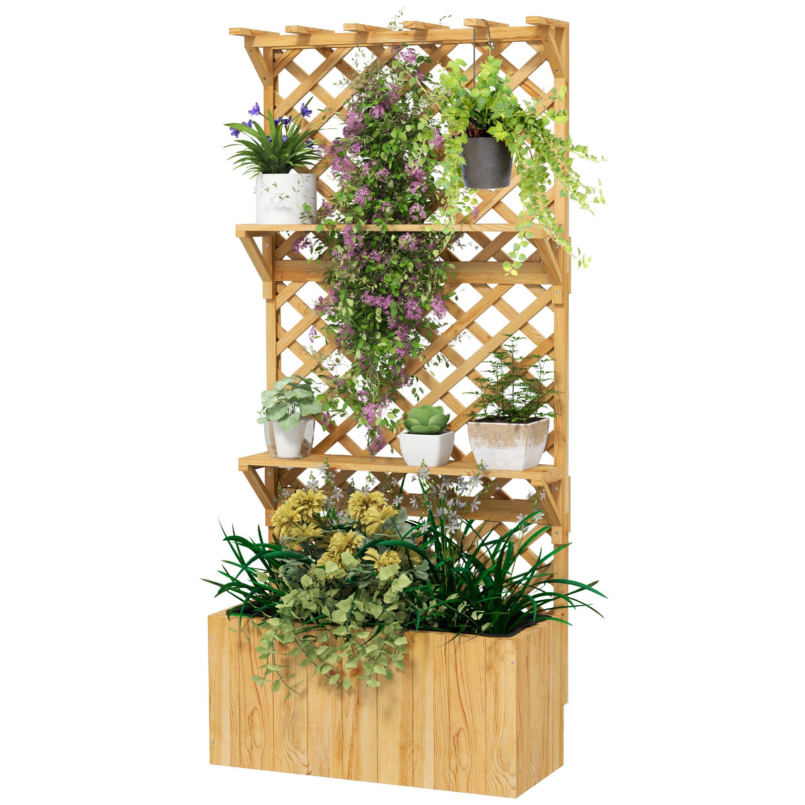 Wooden Raised Planter With Trellis & 2 Shelves
