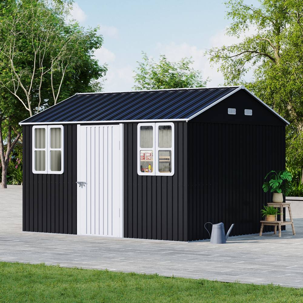12x10ft Outdoor Metal Storage Shed With Apex Roof Lockable Doors, 2 Transparent Windows & 4 Ventilation Panels
