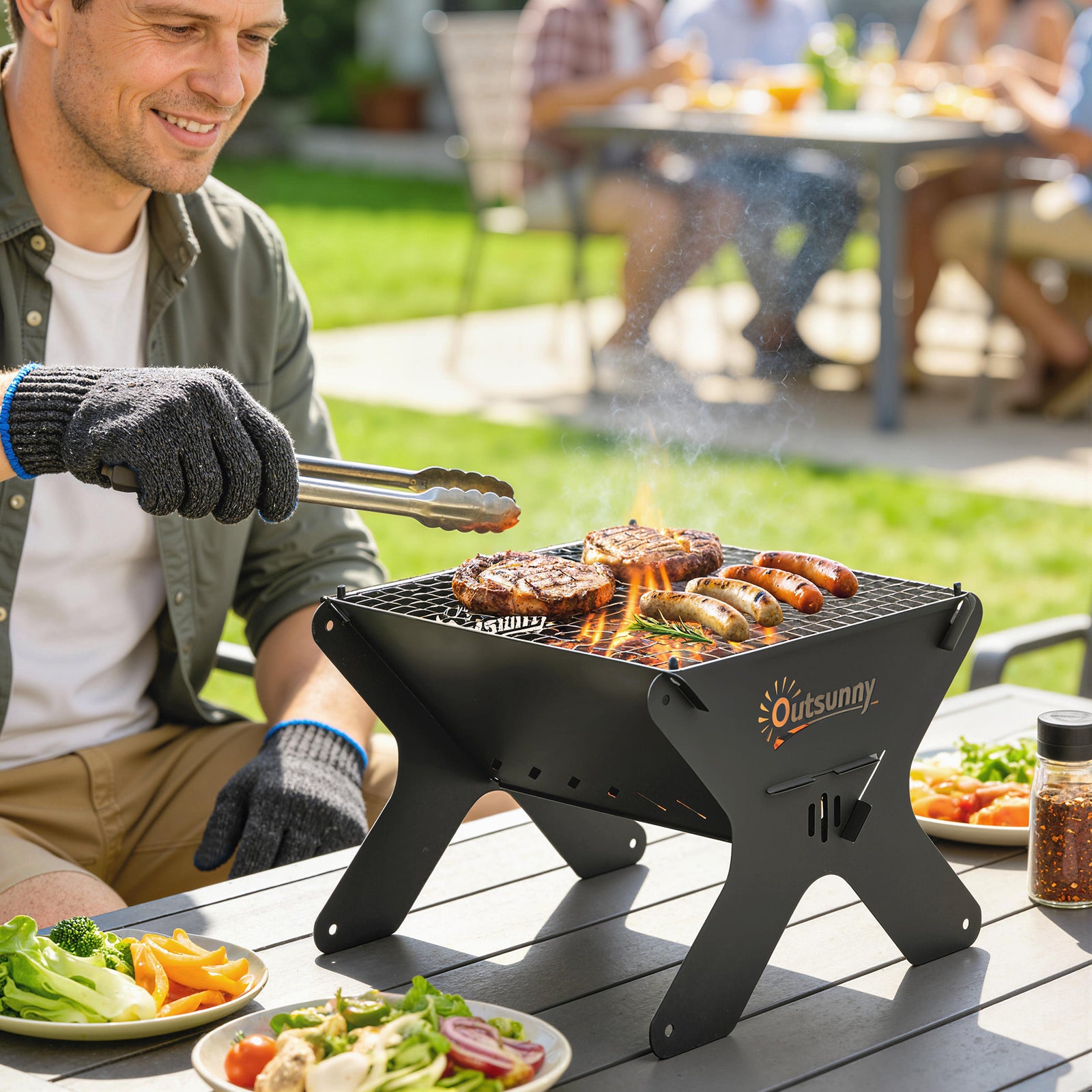 2-in-1 Portable Bbq Grill And Camping Fire Pit With Gloves
