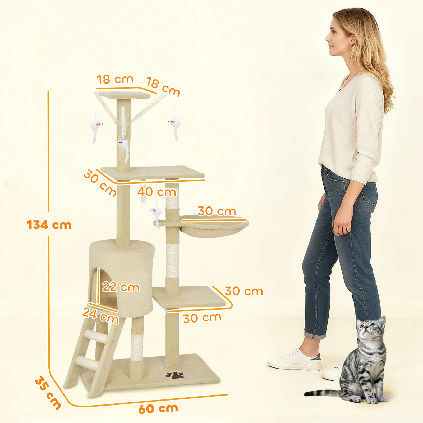 Cat Tree For Indoor Cats, 134cm Scratching Post Climbing Tower | Beige