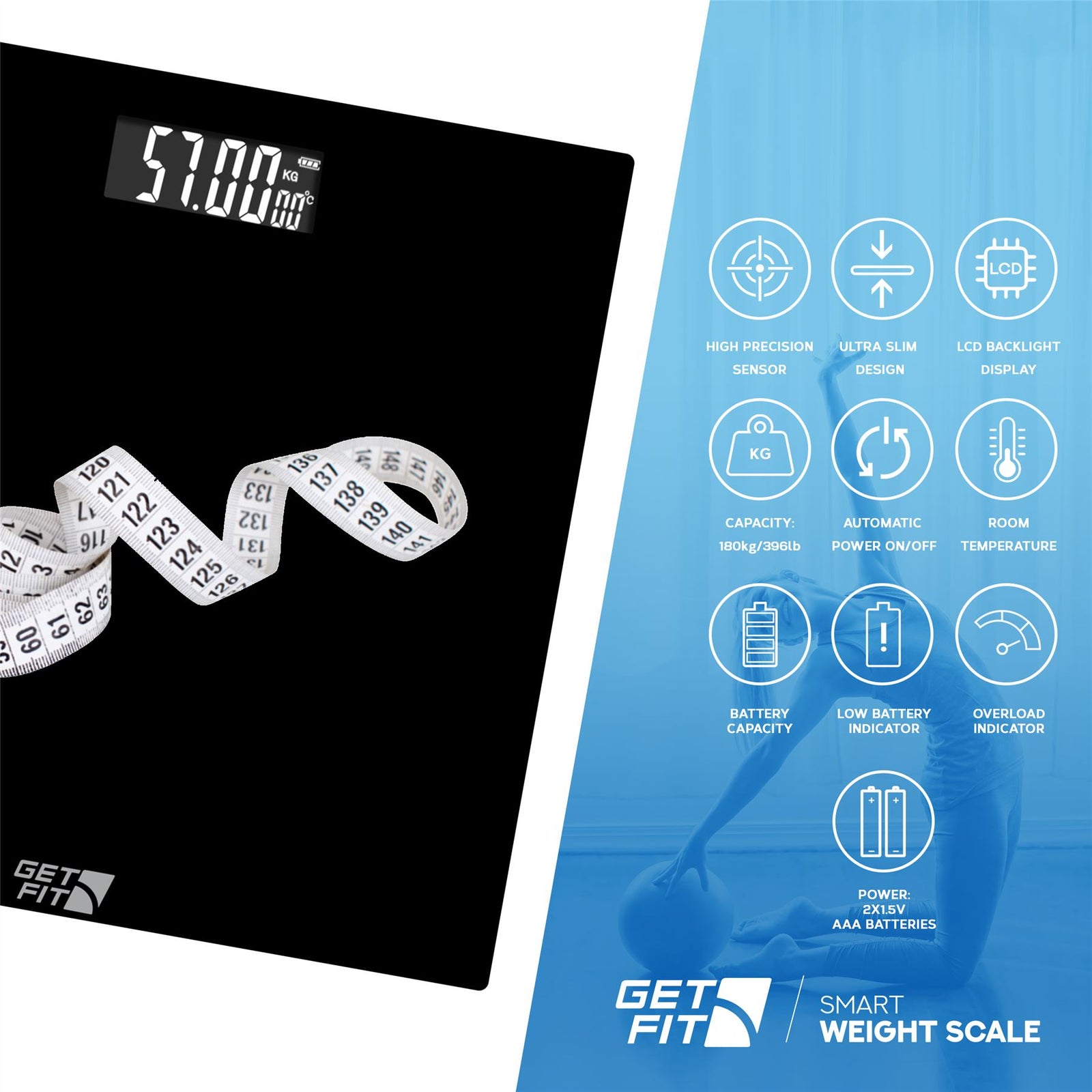 Digital Weighing Bathroom Scale Lcd Display, Automatic On/off | Black