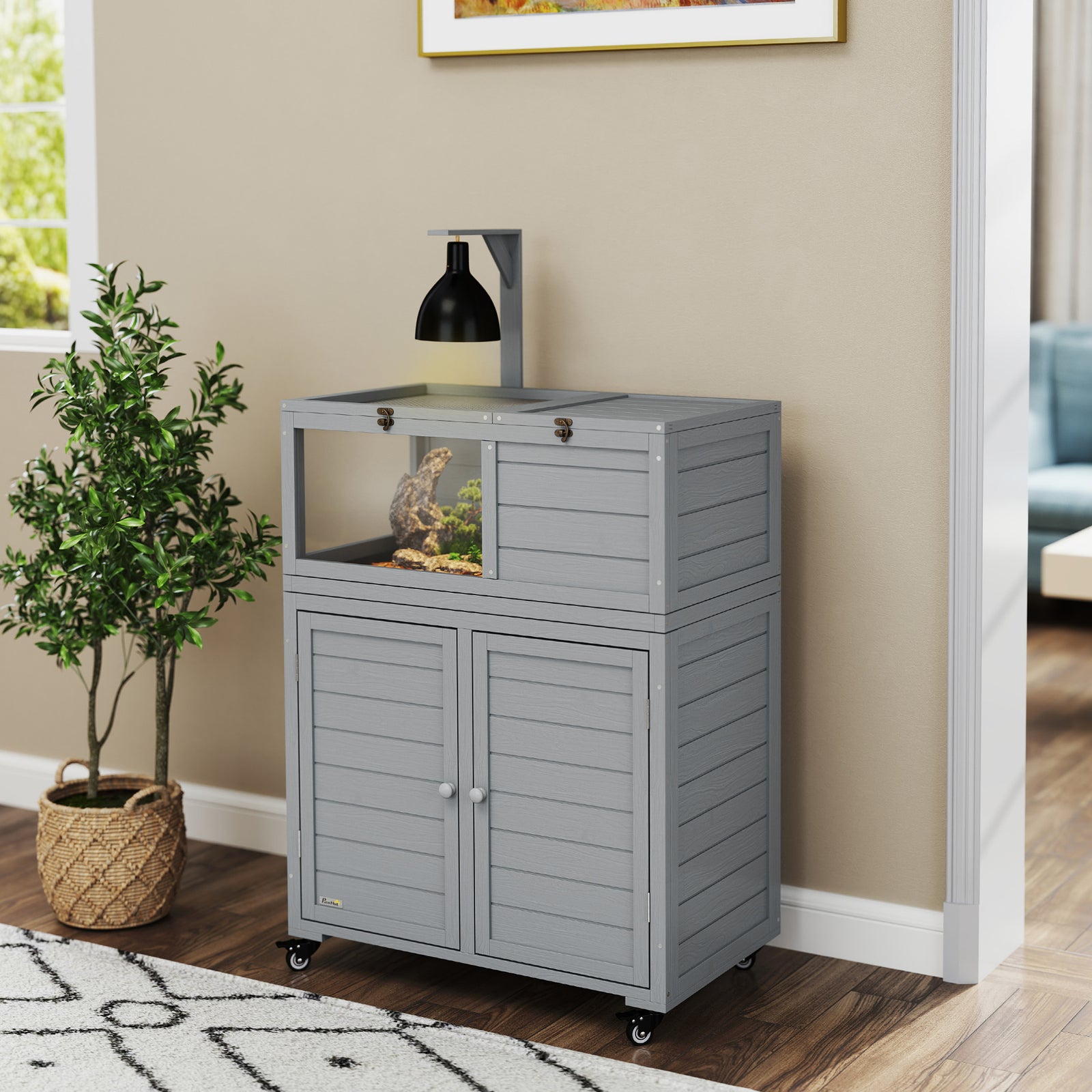 PawHut Tortoise House With Storage Cabinet, Lamp Holder, Openable Top