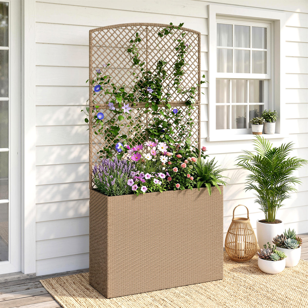 Outsunny Rattan Garden Planter With Trellis And Liner, Light Grey