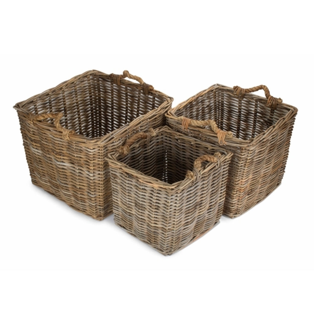 Square Grey Rattan Log Basket | Set-of-3 | Brown