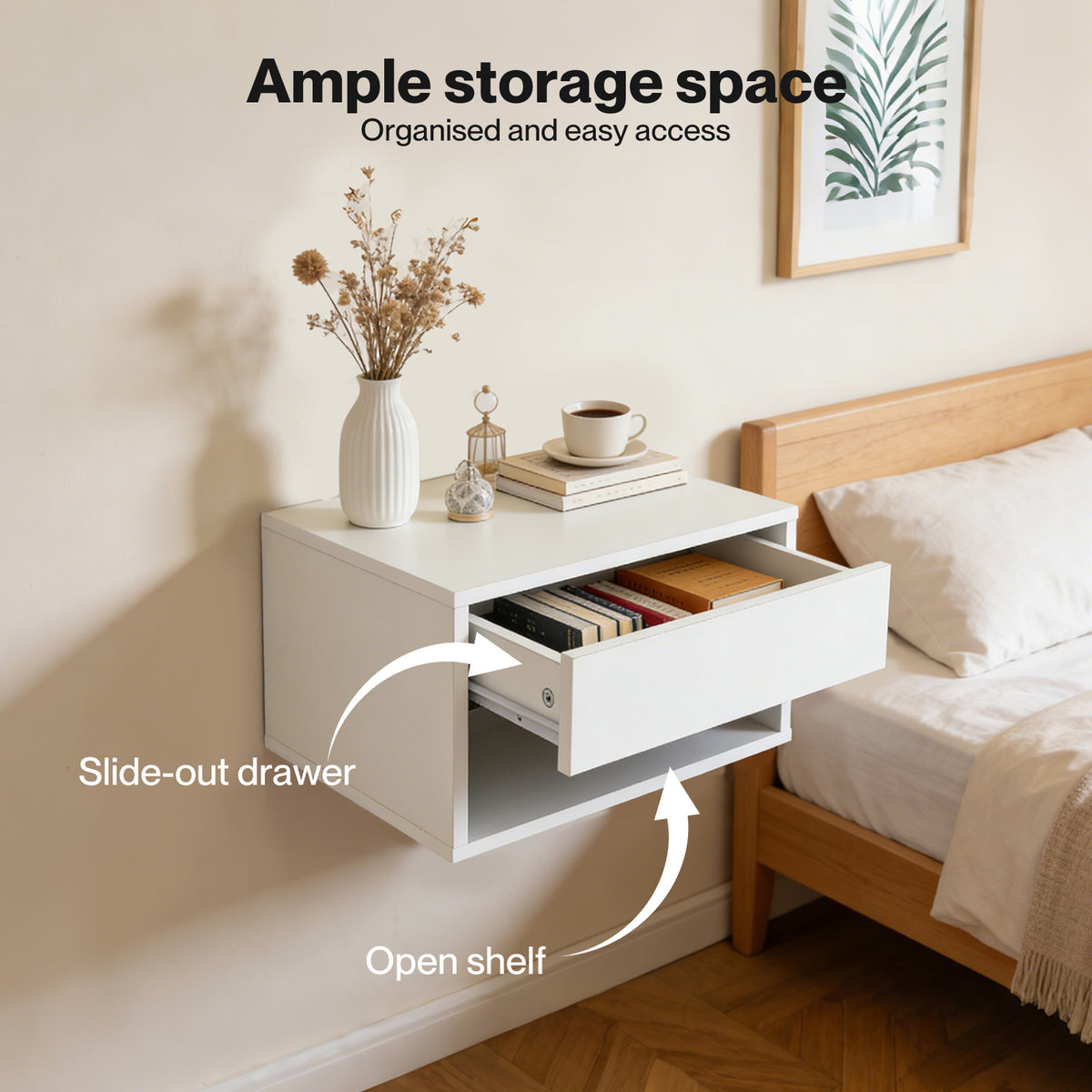 Bedside Table Floating Set Of 2 Wall Mounted Drawer Open Shelf White | White