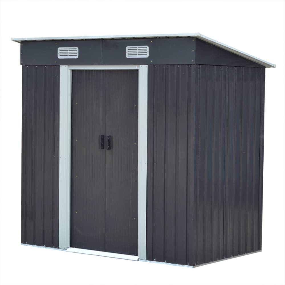 4x6ft Metal Storage Shed With Double Doors,ventilation And Foundation Frame Flat Roof Outdoor Tool Shed For Garden | Charcoal Black