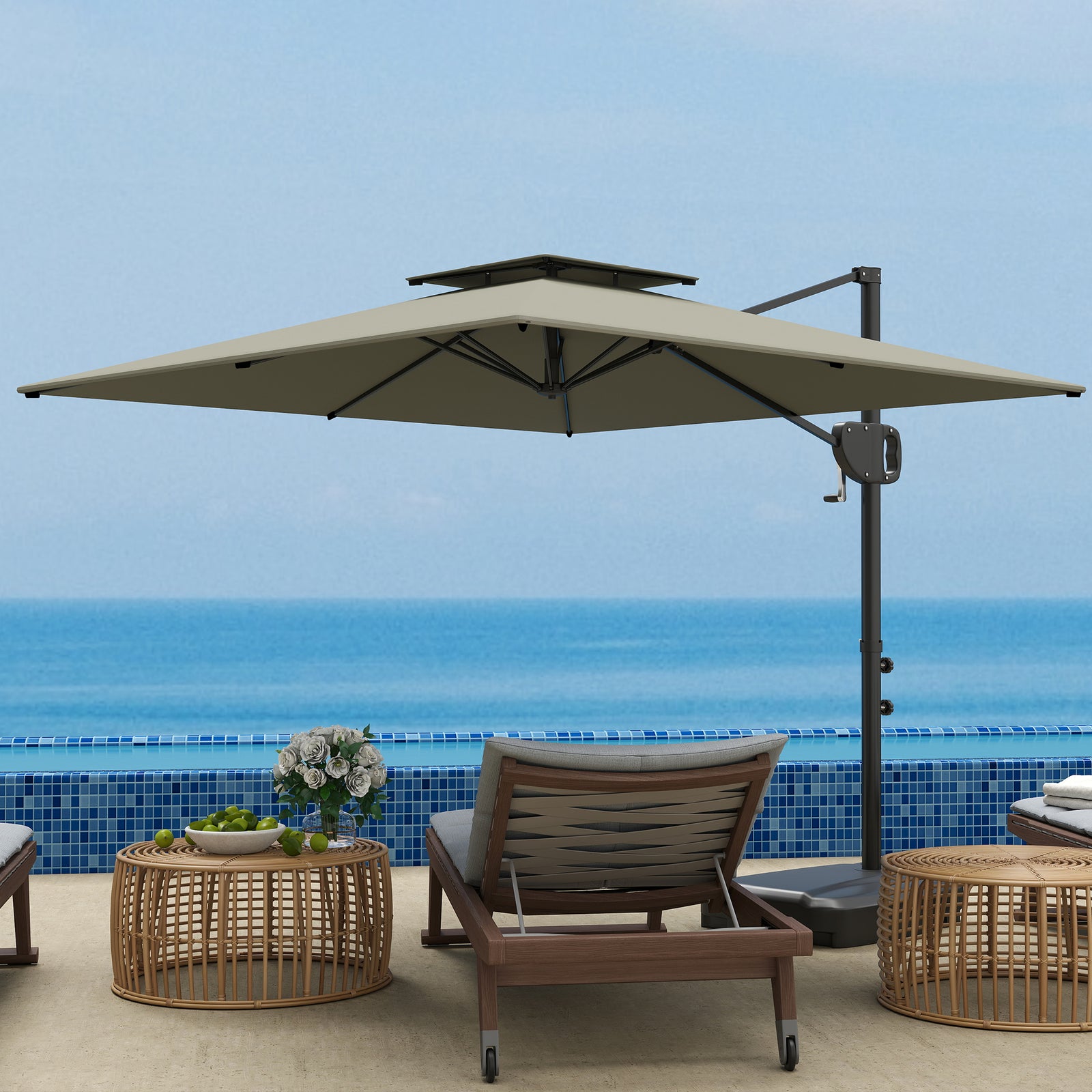Garden Cantilever Parasol W/ Weighted Base Tilt Crank | Light Grey