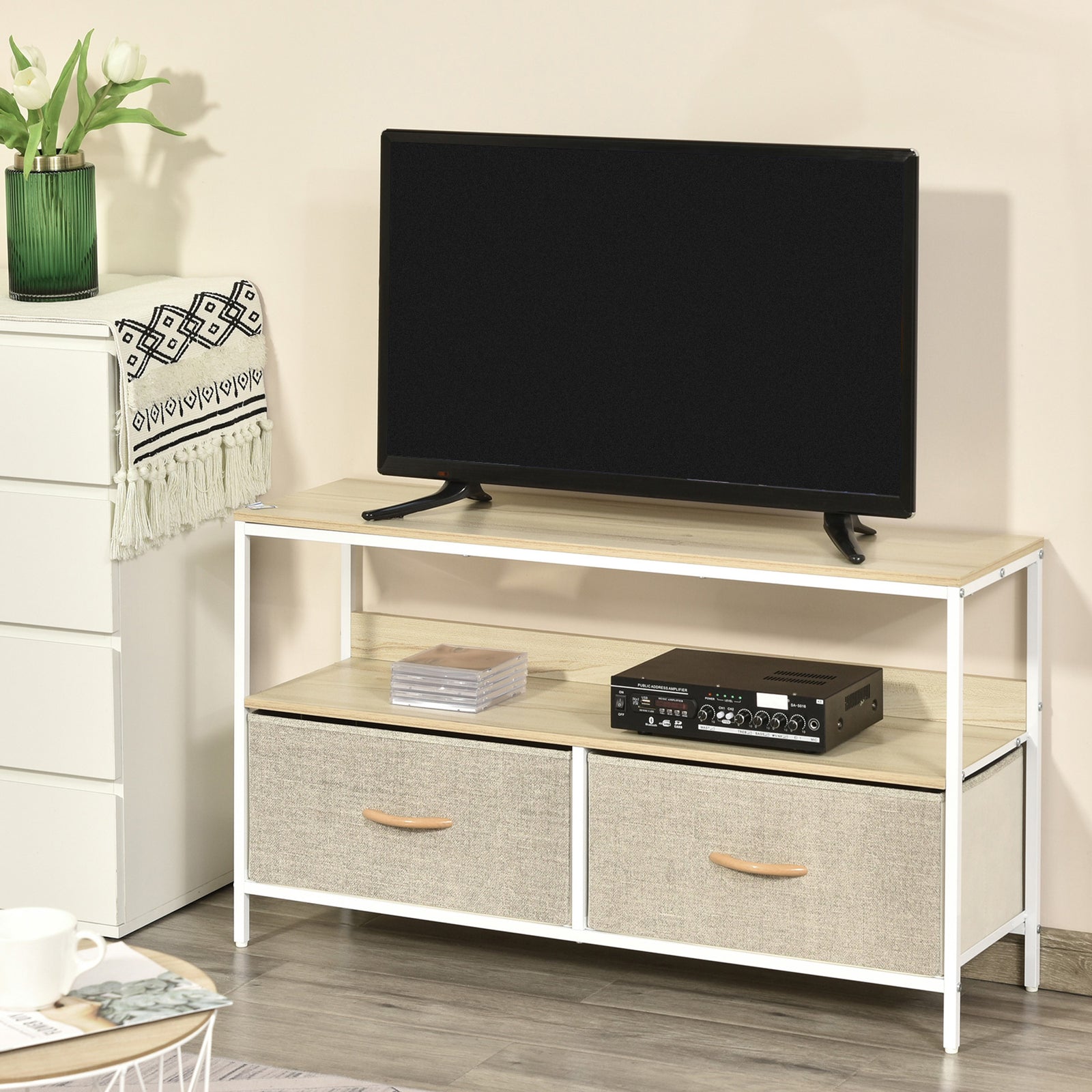 Tv Cabinet Console With Foldable Linen Drawers | Brown