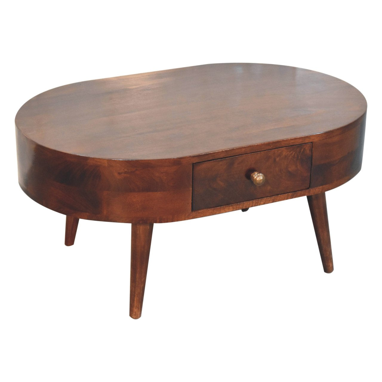 Solid Wood California Walnut Rounded Coffee Table, 2 Drawers, Dark Brown