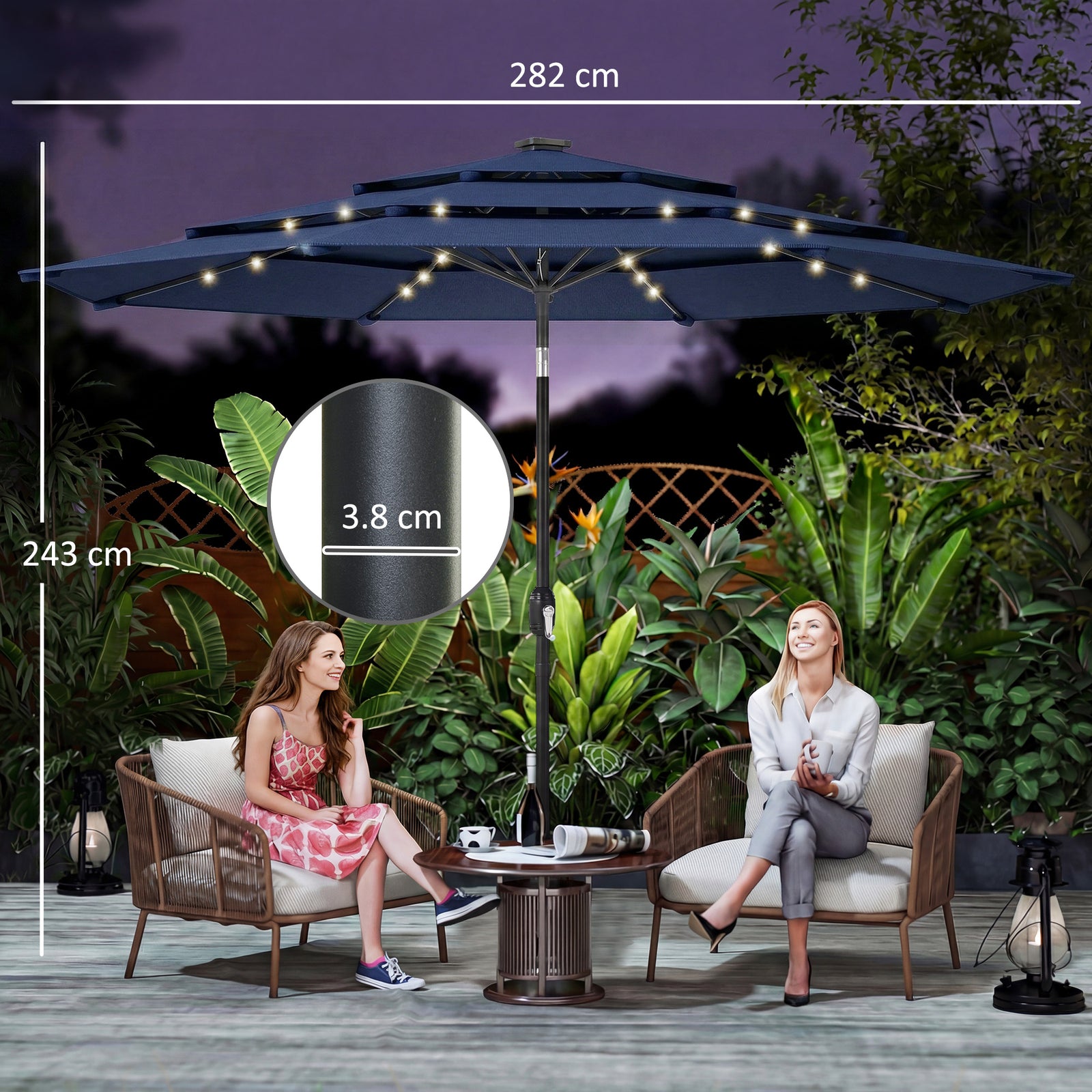 2.8 M Garden Parasol Umbrella With Light, Patio Umbrella | Navy Blue