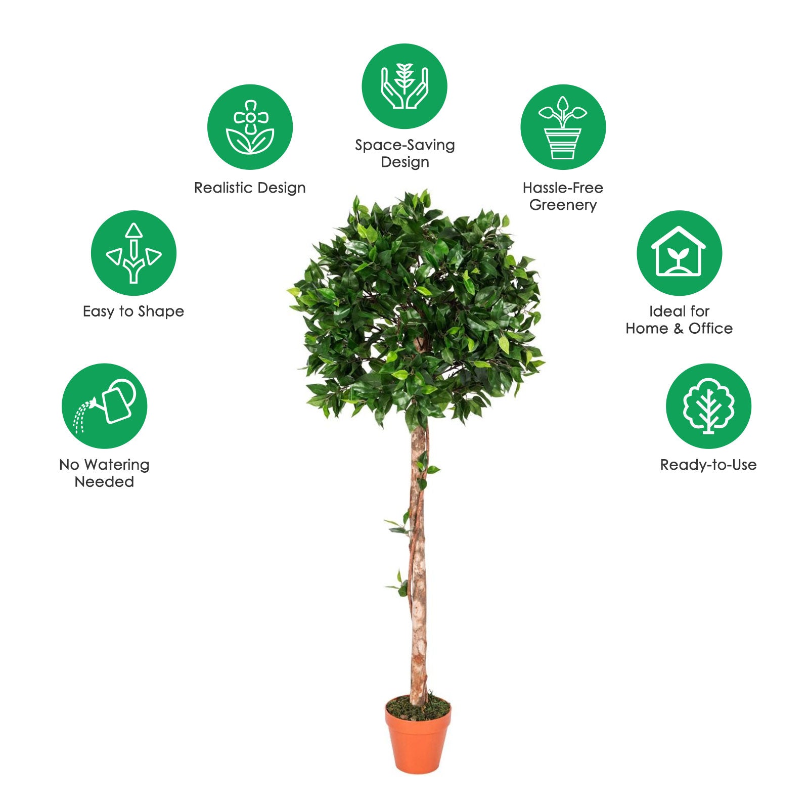 Artificial Green Handcrafted Ficus Topiary Tree With Pot, 125 Cm (4 Ft)