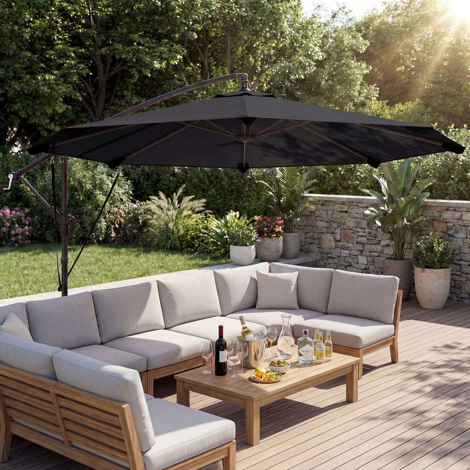 3 M Cantilever Parasol, Offset Umbrella With Cover And Wind Ropes | Black