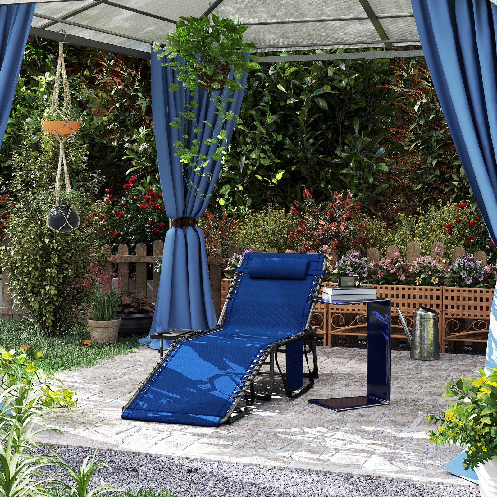 Folding Sun Lounger With 5-level Reclining Back, Side Table | Dark Blue
