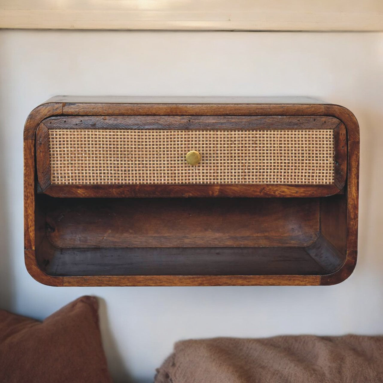 Solid Wood Chestnut Wall Mounted Open Woven Bedside