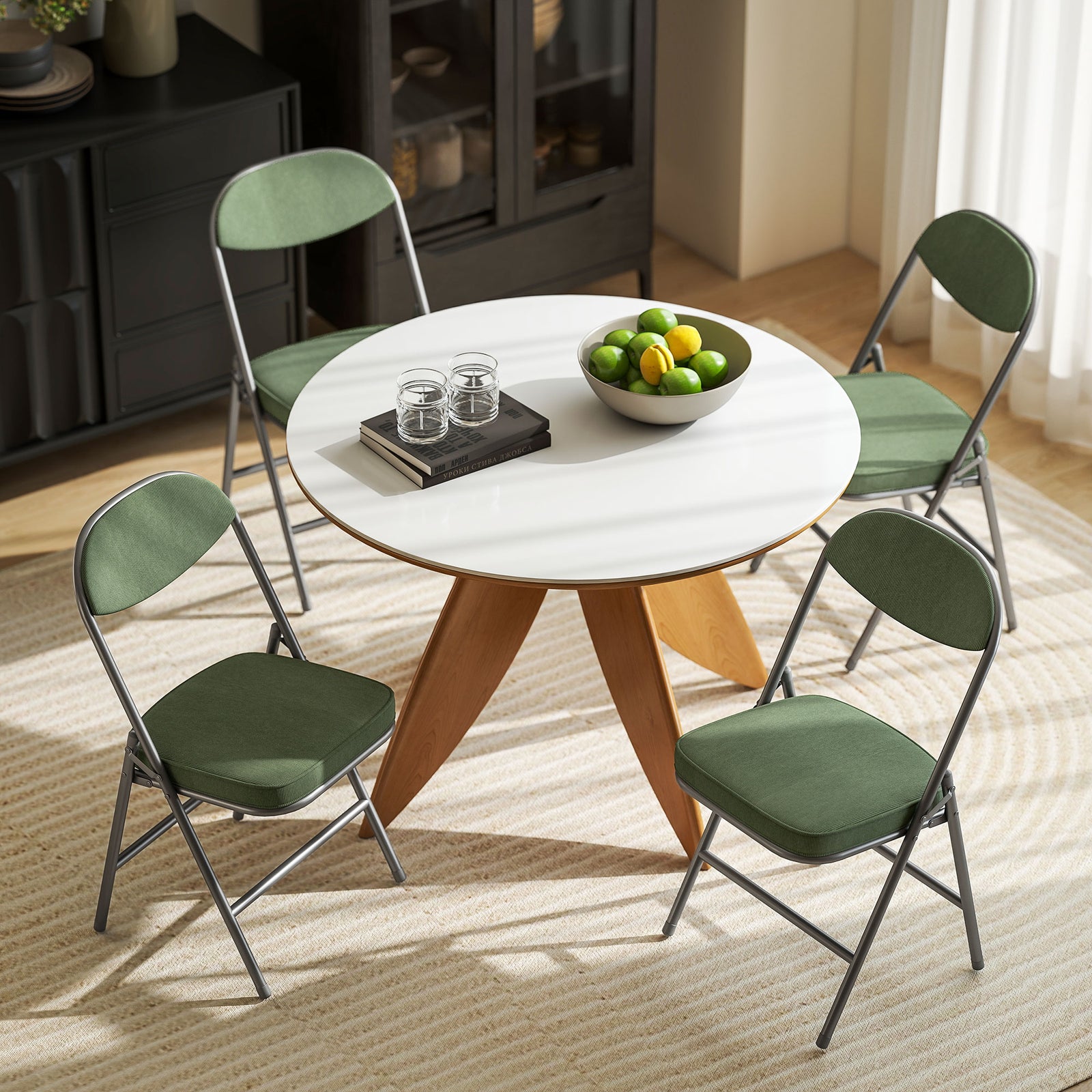 Folding Chairs Set Of 4 With Cushioned Seat, Steel Frame | Green