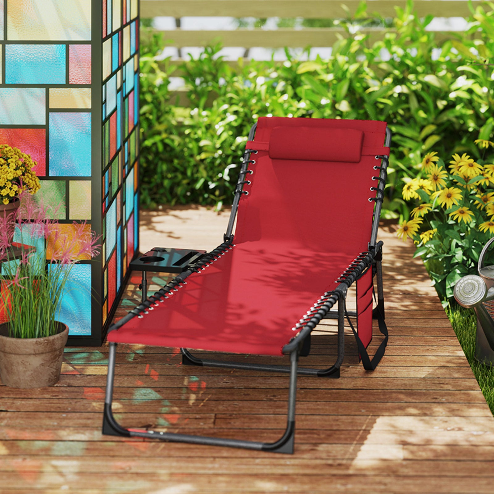 Folding Sun Lounger With 5-level Reclining Back, Side Table | Red