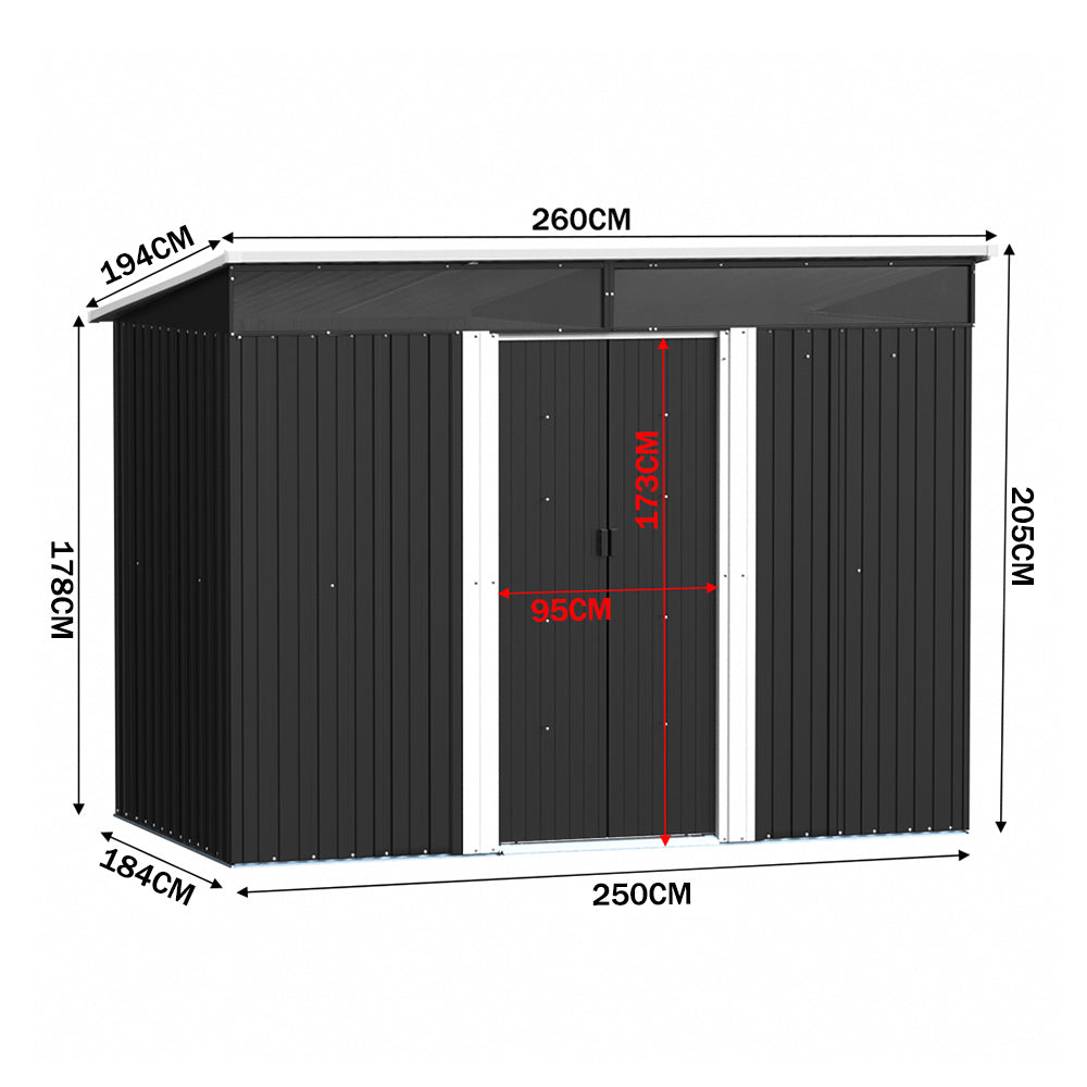 8.53 ft x 6.36 ft Heavy Duty Metal Garden Storage Shed With Windows, Lockable Sliding Doors & Galvanized Steel Base – Weatherproof Outdoor Tool Shed, Charcoal Black