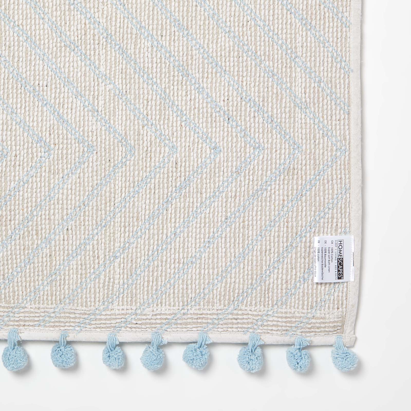 Tufted Cotton Bath Mat Zig Zag Design With Pom Poms | 50 x 80cm | Light Blue