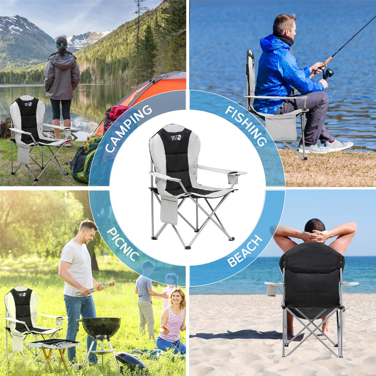 Premium Camping Chair - Thick Padded Folding Chair For Adults With Magazine Pocket, Cup Holder & Carry Bag - Lightweight 3kg - Heavy Duty Foldable Picnic Chair | Single