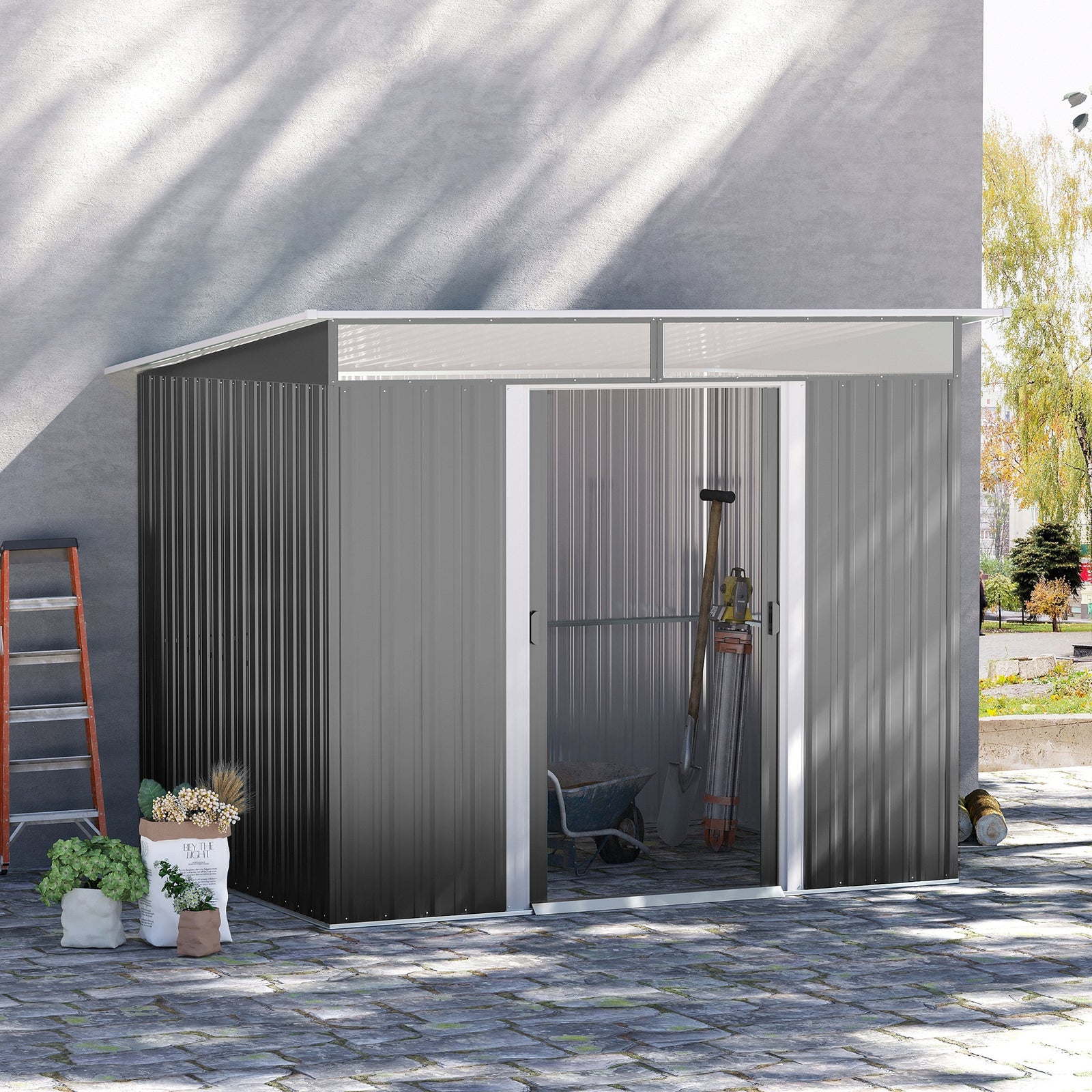Garden Shed Outdoor Storage Tool Organizer With Double Door | Large | Gray
