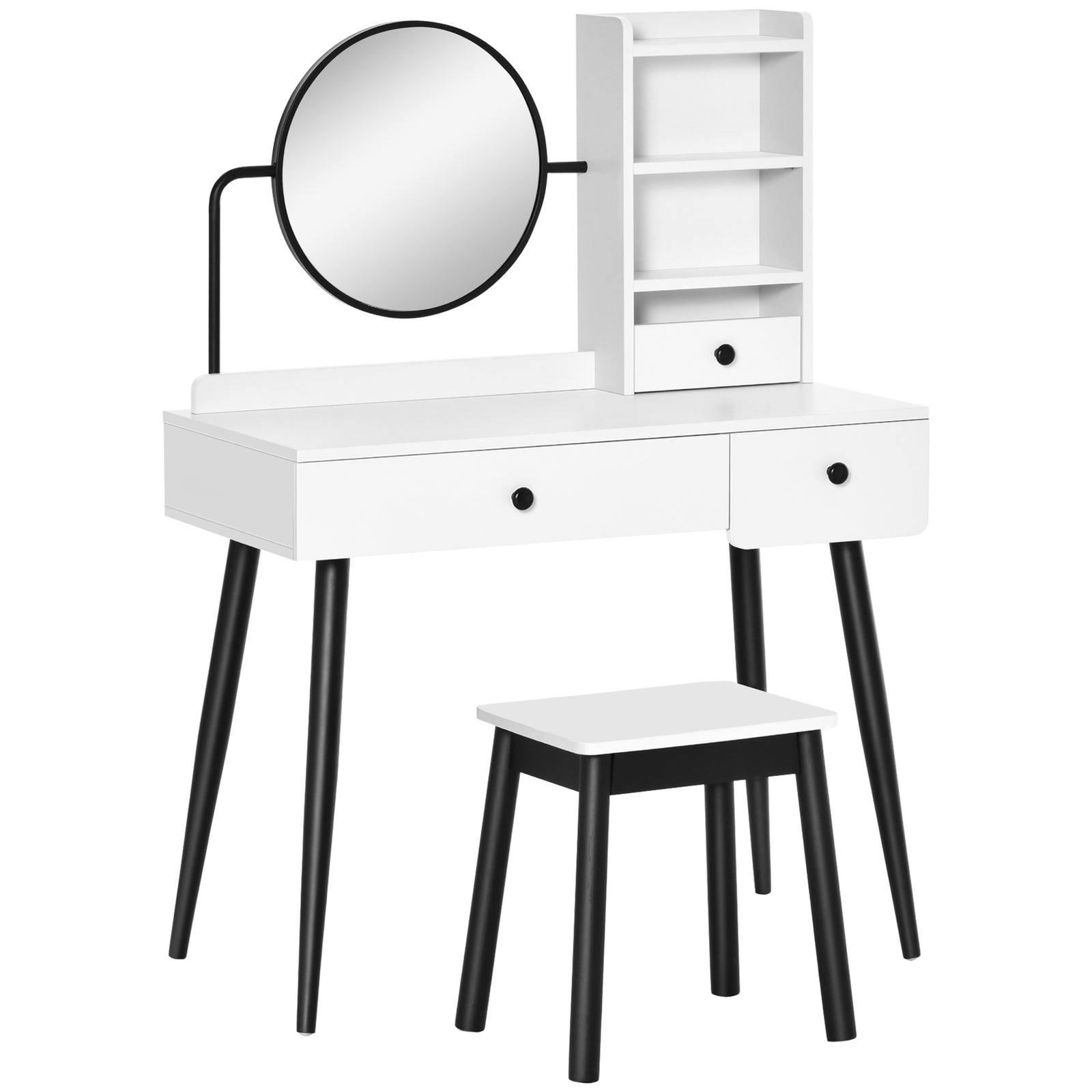 Dressing Table Set With 3 Drawers, Storage Shelves And Stool | One Size | White