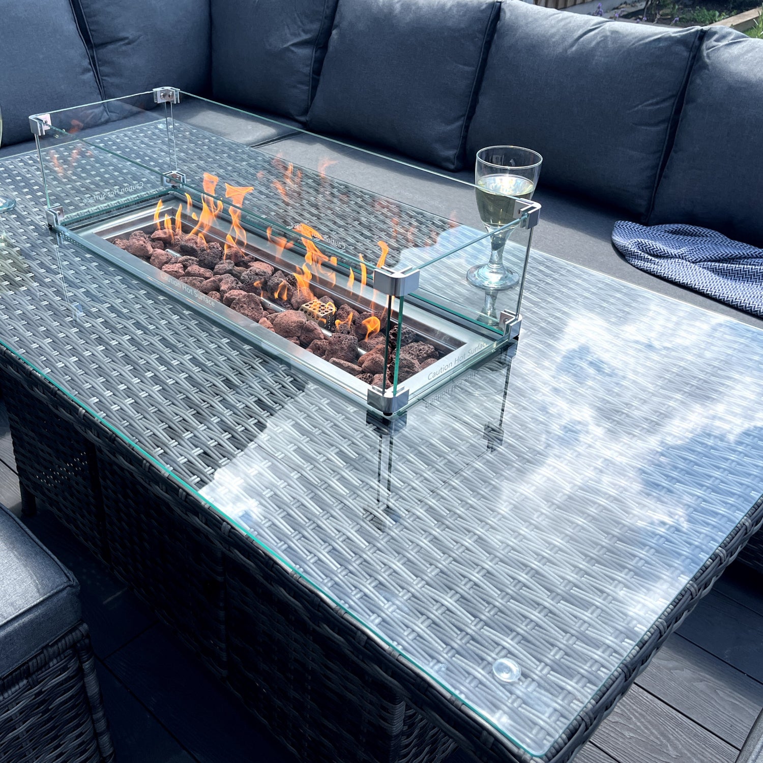 The Croft 8 Seat Corner Gas Firepit Rattan Dining Set | Dark Grey