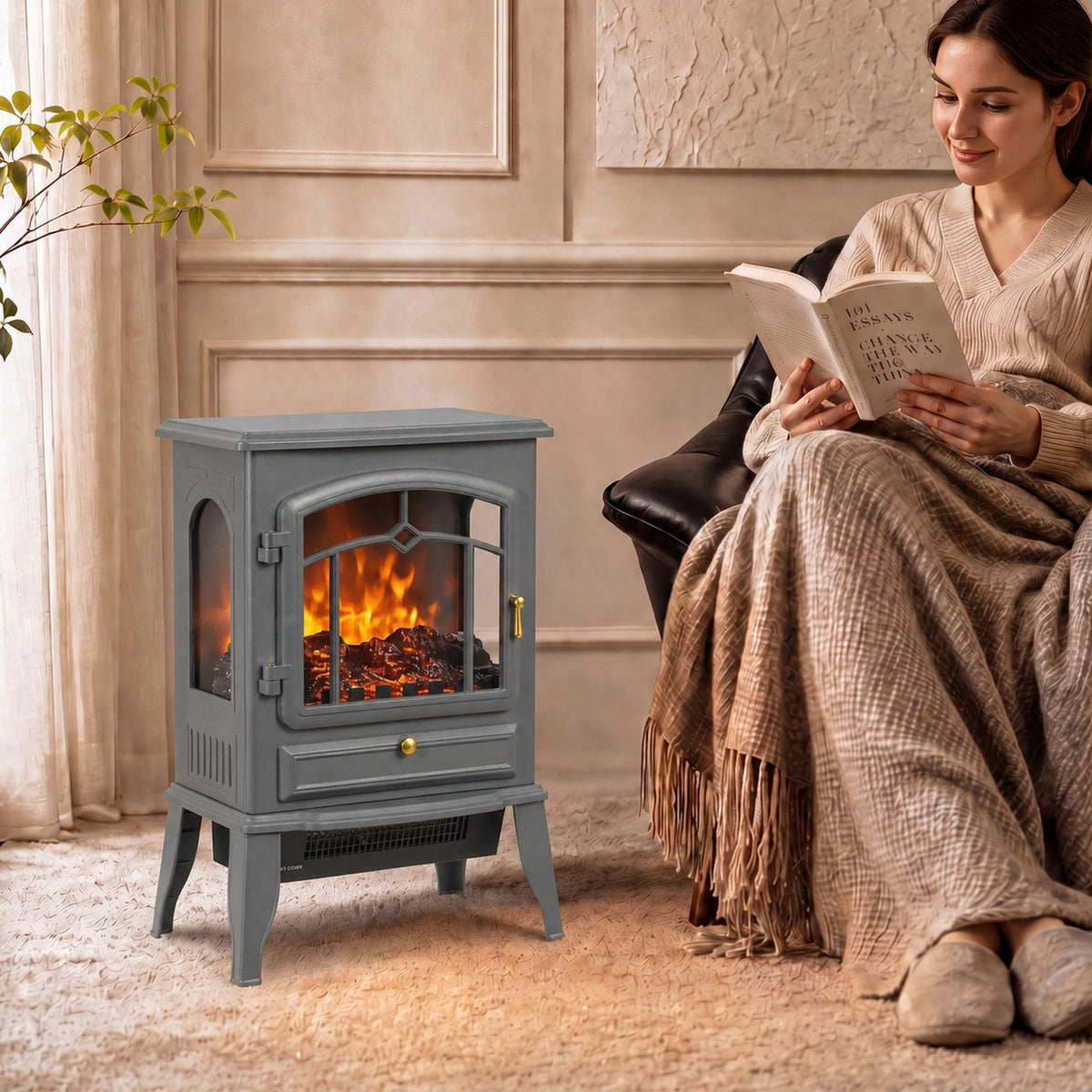 Electric Fireplace Stove With Realisric Log Flame Effect | Grey