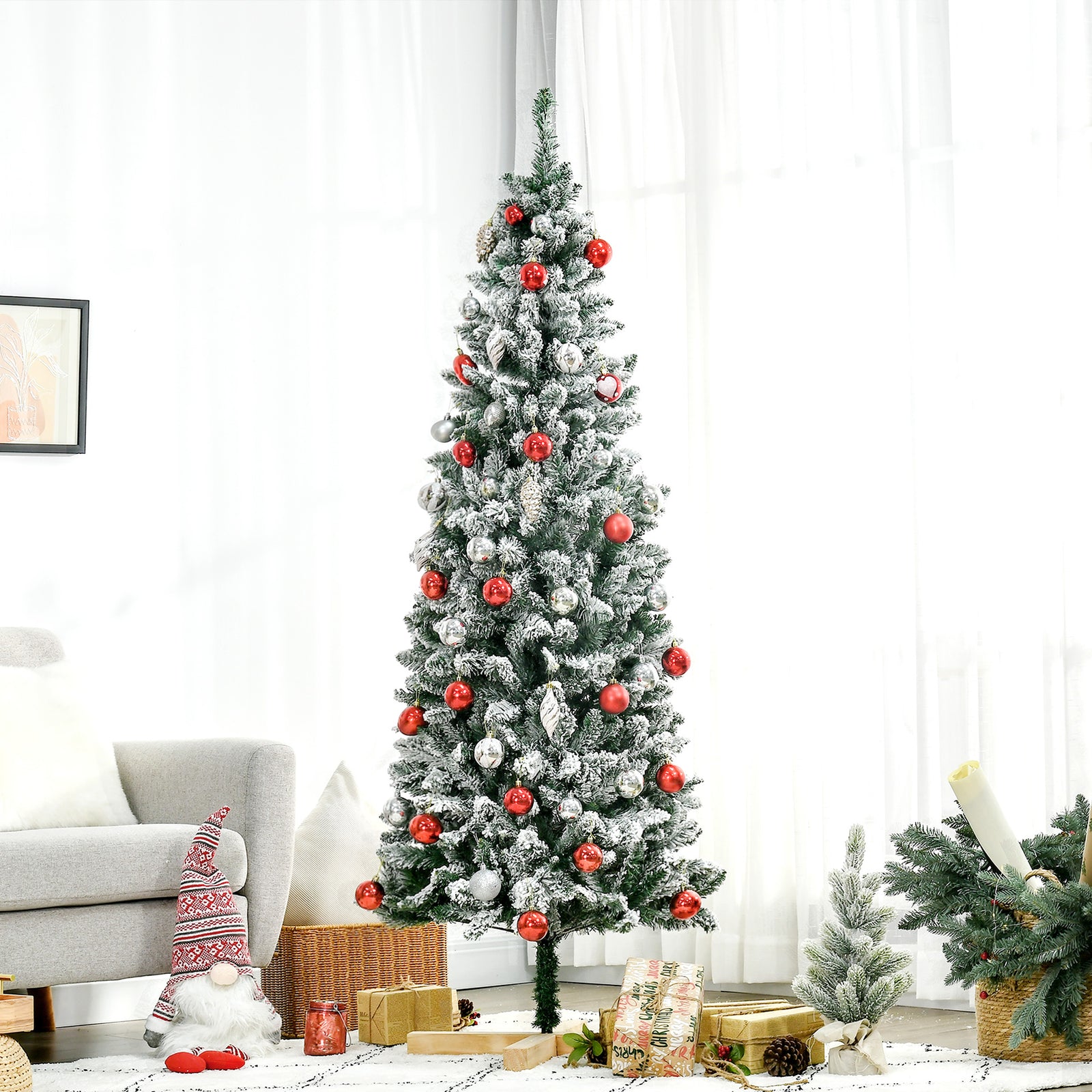 5/6ft Snow Flocked Artificial Christmas Tree Pencil Shape | 6ft | Green