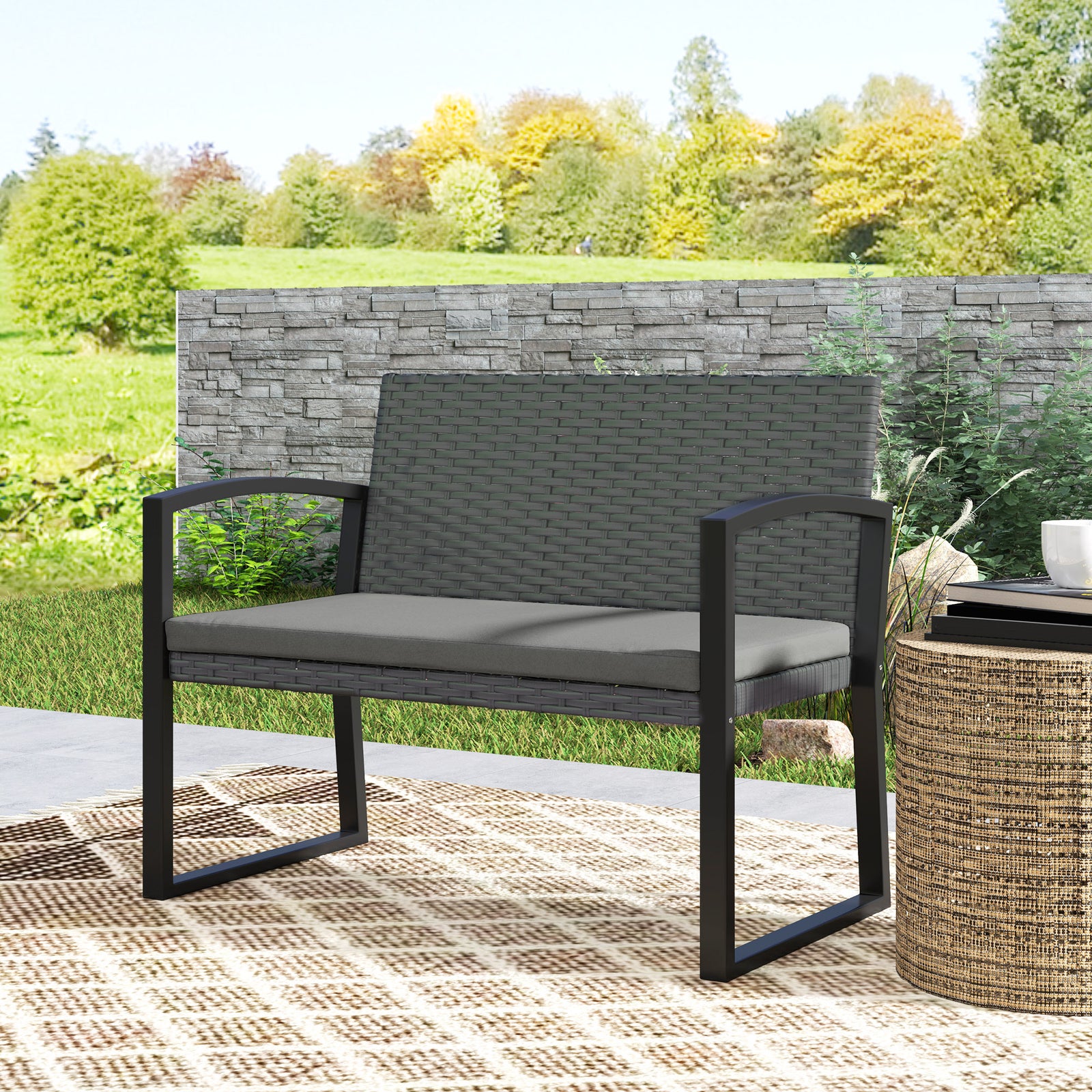 2 Seater Rattan Garden Bench With Cushion, Steel Frame | Dark Gray