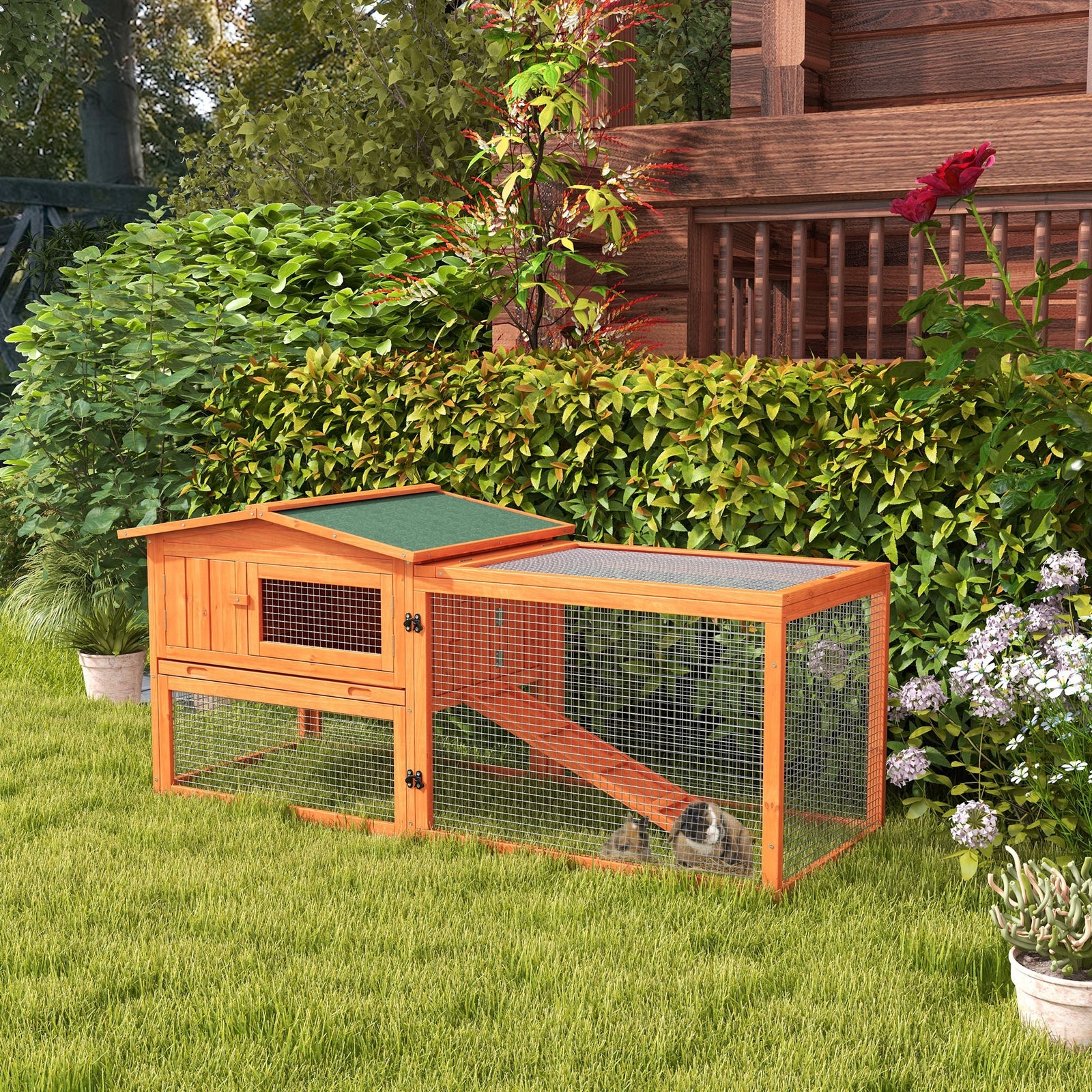 Rabbit Hutch And Run Outdoor W/ Sliding Tray Hay Rack Ramp, 156x58x68cm | Orange
