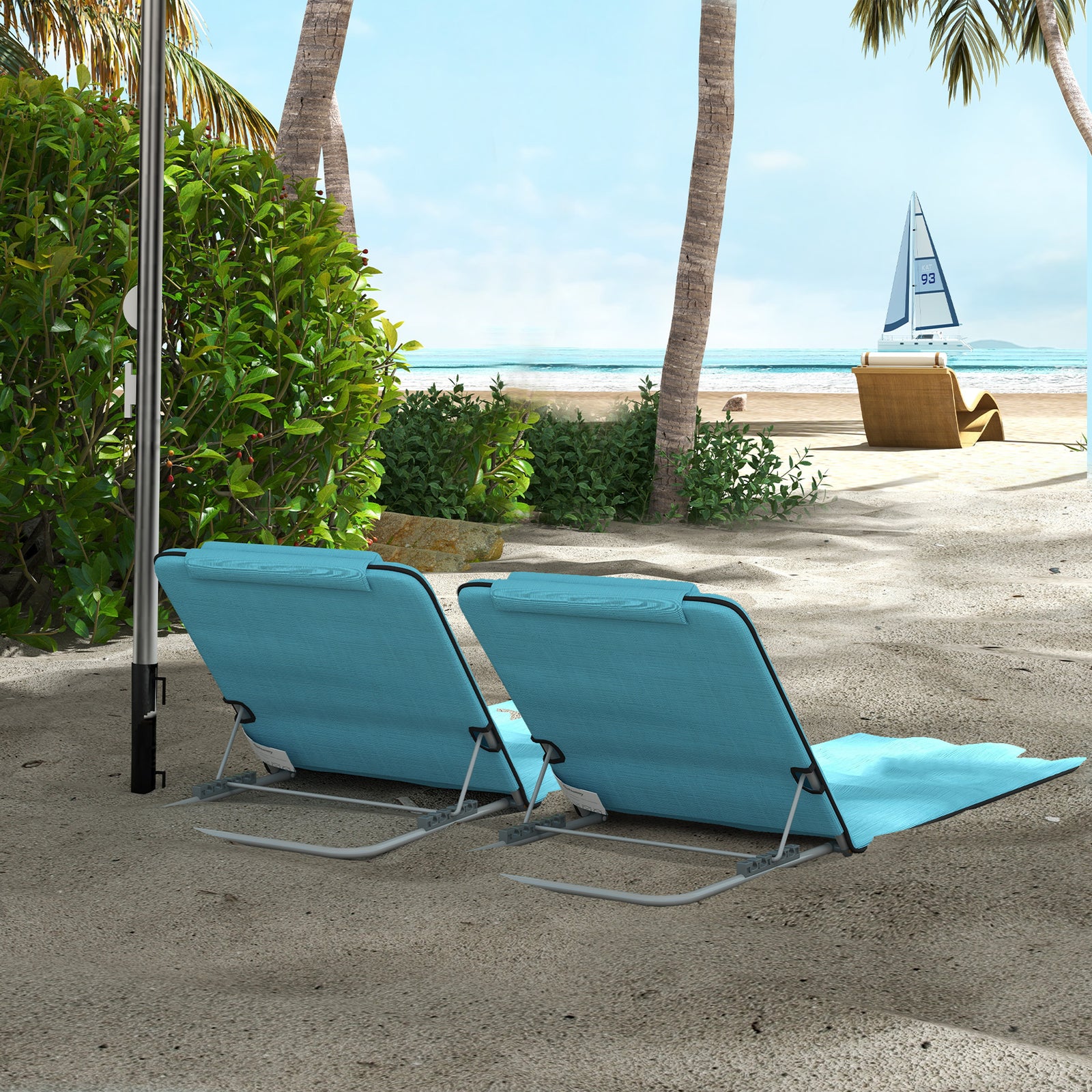 2pc Outdoor Beach Mat Steel Reclining Chair Set W/ Pillow | Sky Blue