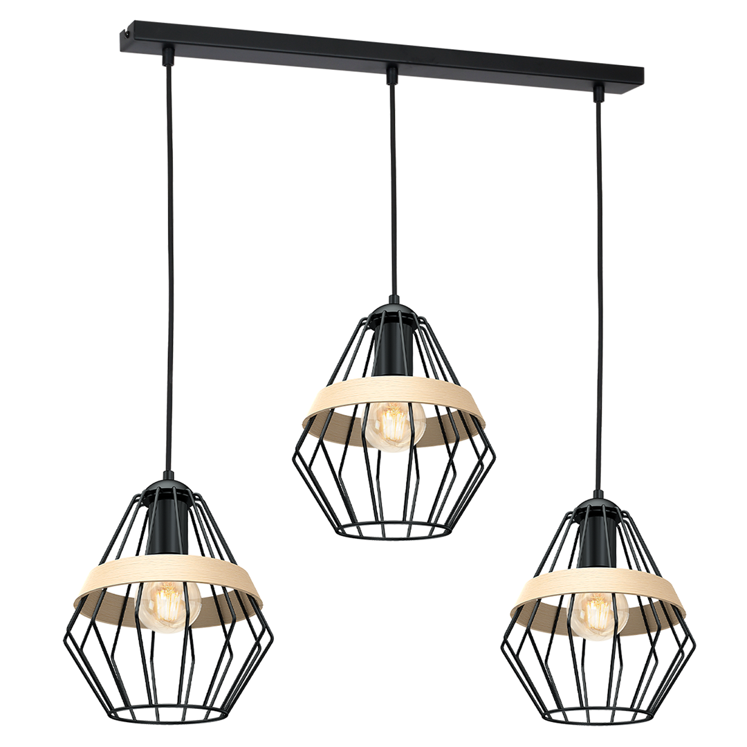 Cliff Black Pendant Lamp 3xe27 Hand Made Matt Black Cage Style Lamps With Natural Wood Detail