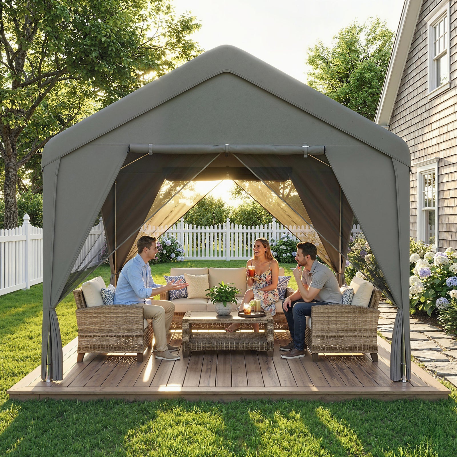 3 X 3 M Outdoor Patio Gazebo With Netting And Curtains | Dark Grey