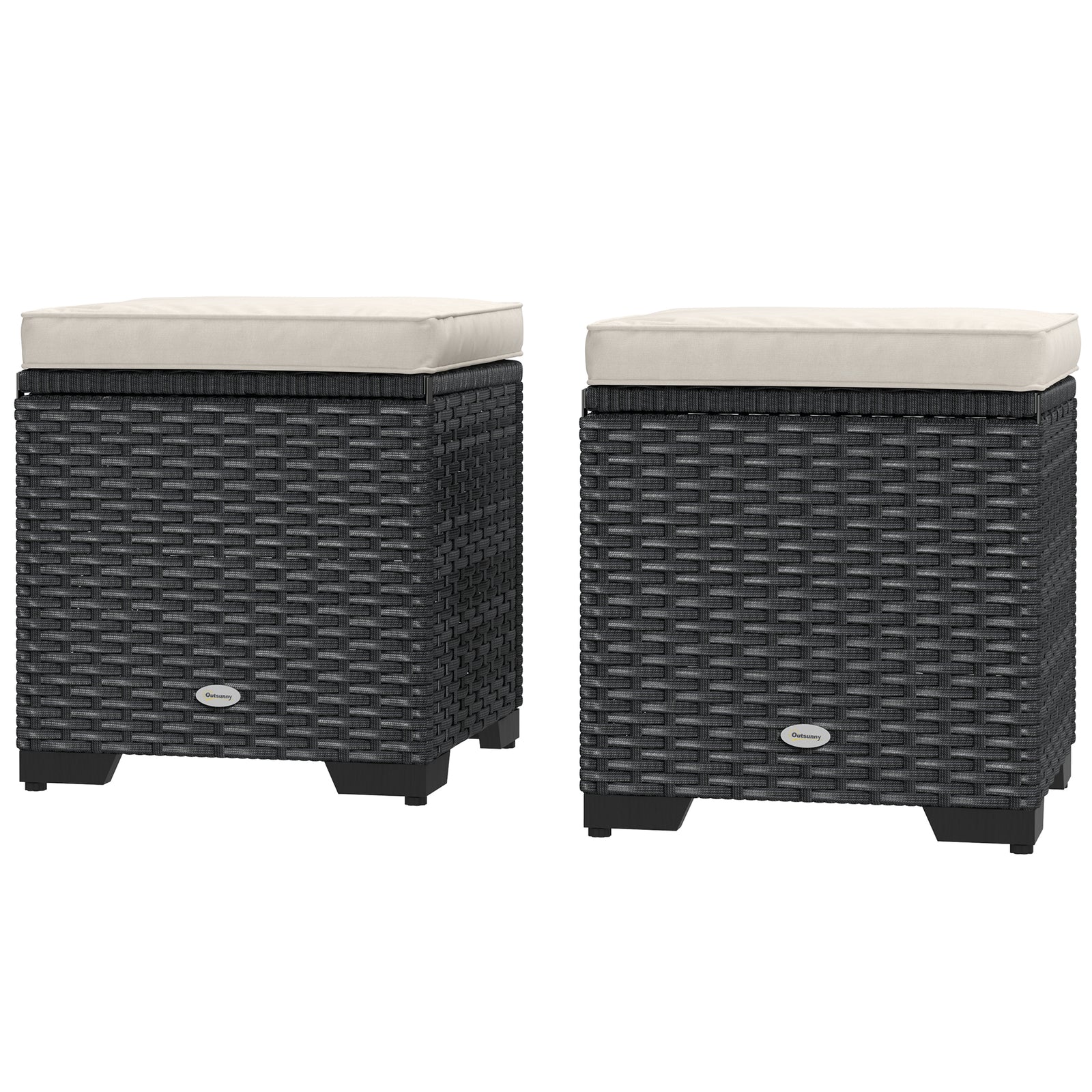 Set Of 2 Rattan Footstool, Storage Ottoman W/ Cushions | Cream